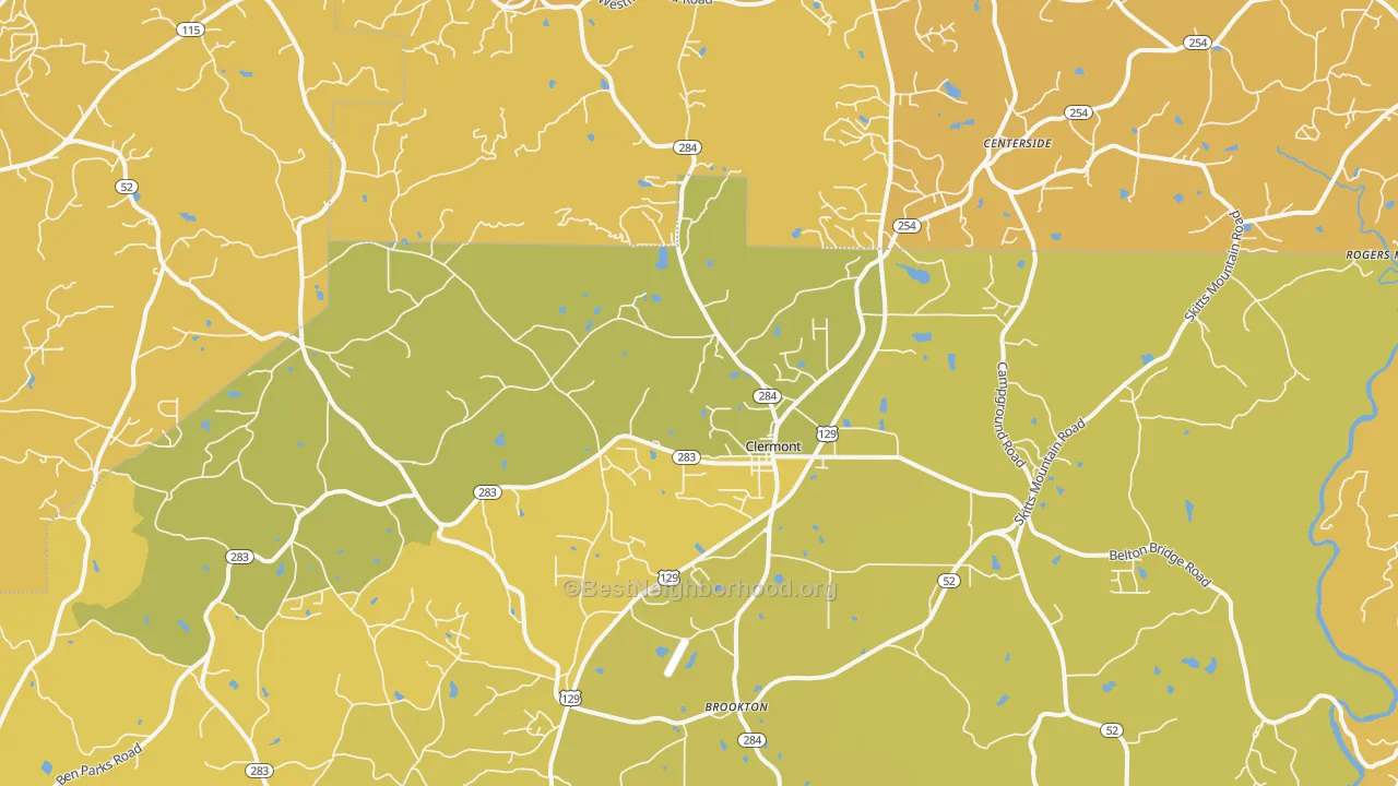 Map of the best neighborhoods in the Clermont area, with better matches in green and worse matches in red