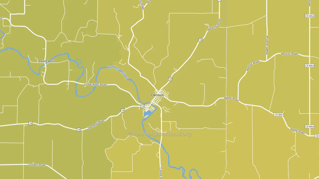 Map of the best neighborhoods in the Clermont area, with better matches in green and worse matches in red