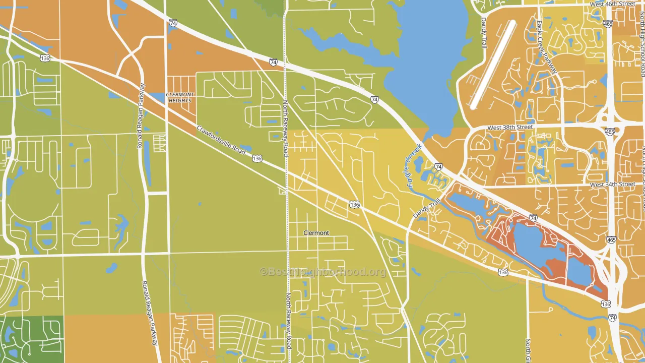 Map of the best neighborhoods in the Clermont area, with better matches in green and worse matches in red