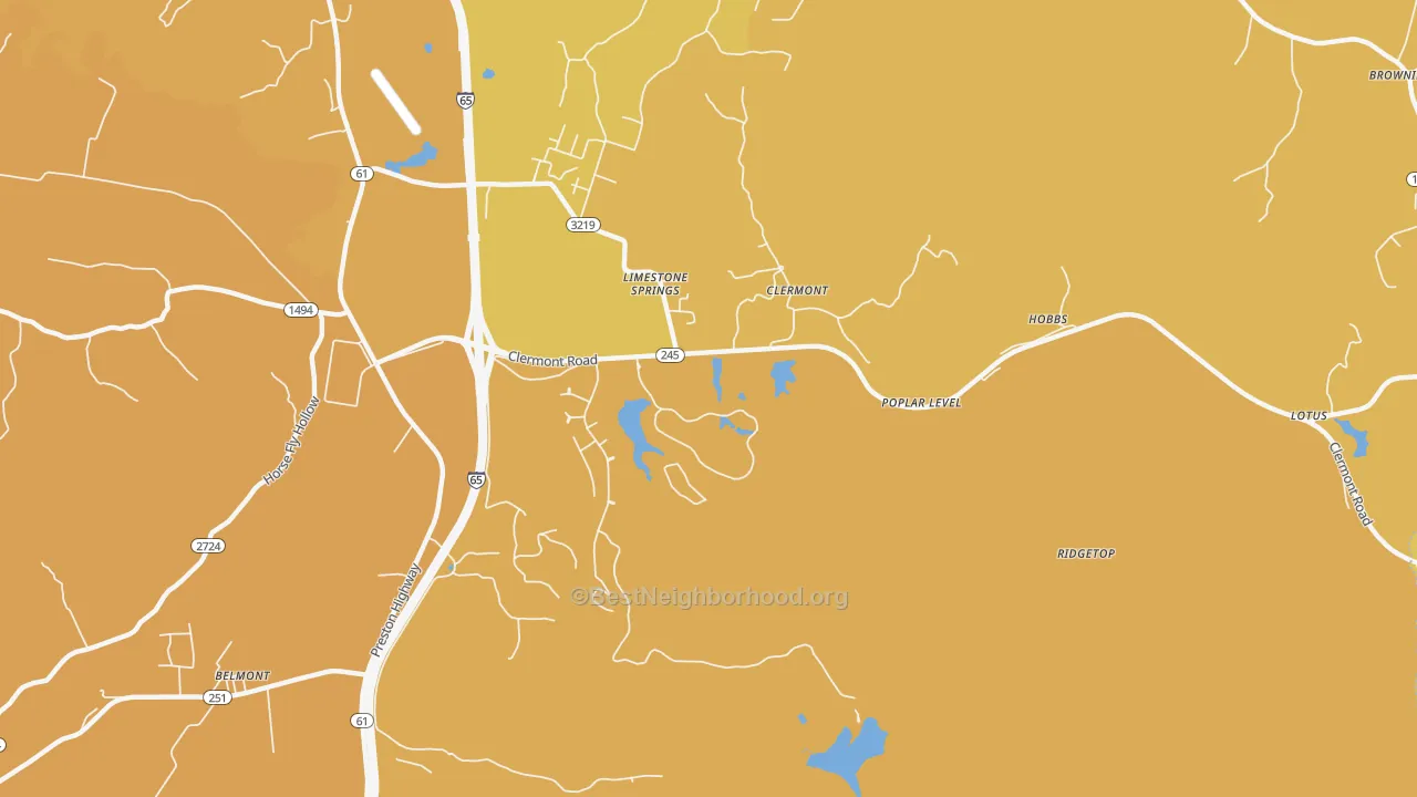 Map of the best neighborhoods in the Clermont area, with better matches in green and worse matches in red