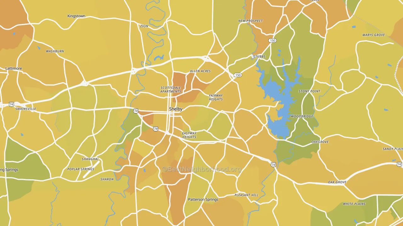 Map of the best neighborhoods in the Cleveland County area, with better matches in green and worse matches in red
