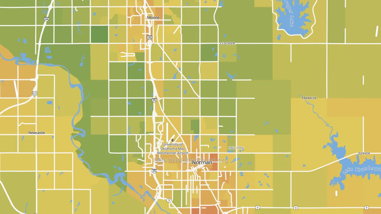 Map of the best neighborhoods in the Cleveland County area, with better matches in green and worse matches in red
