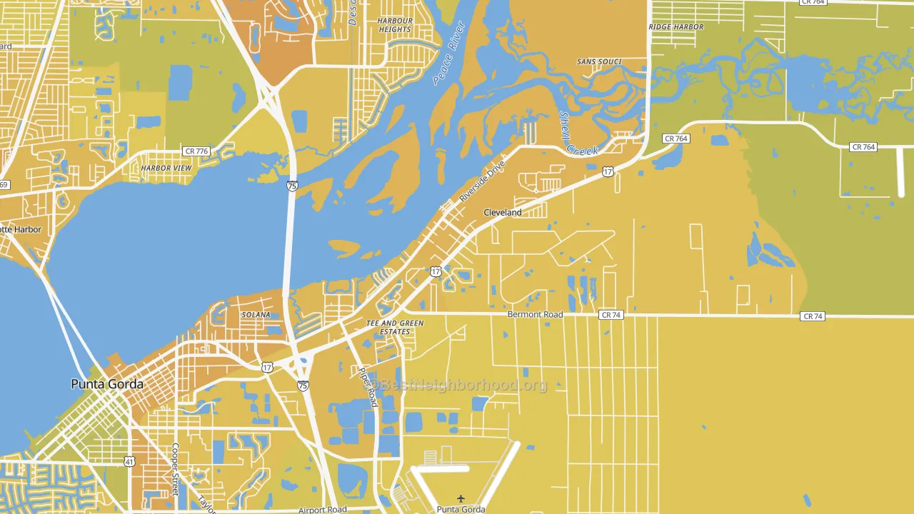 Map of the best neighborhoods in the Cleveland area, with better matches in green and worse matches in red