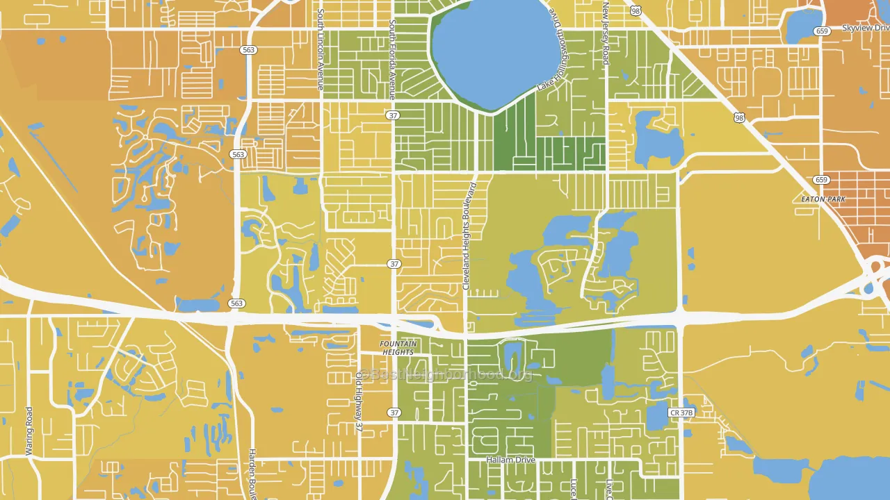 Map of the best neighborhoods in the Cleveland Heights, Lakeland area, with better matches in green and worse matches in red