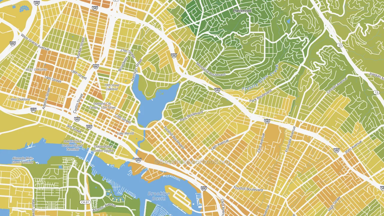 Map of the best neighborhoods in the Cleveland Heights, Oakland area, with better matches in green and worse matches in red