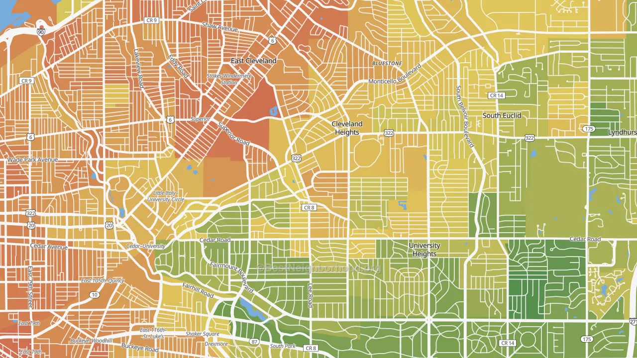 Map of the best neighborhoods in the Cleveland Heights area, with better matches in green and worse matches in red