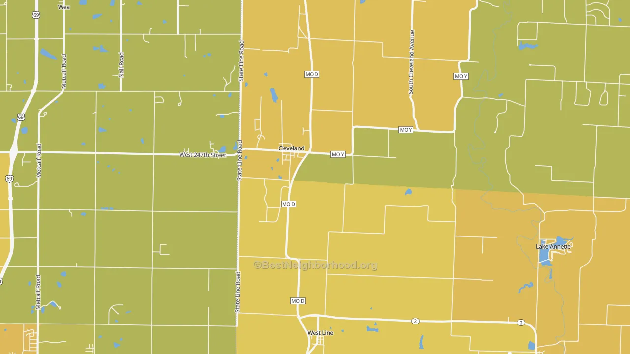 Map of the best neighborhoods in the Cleveland area, with better matches in green and worse matches in red