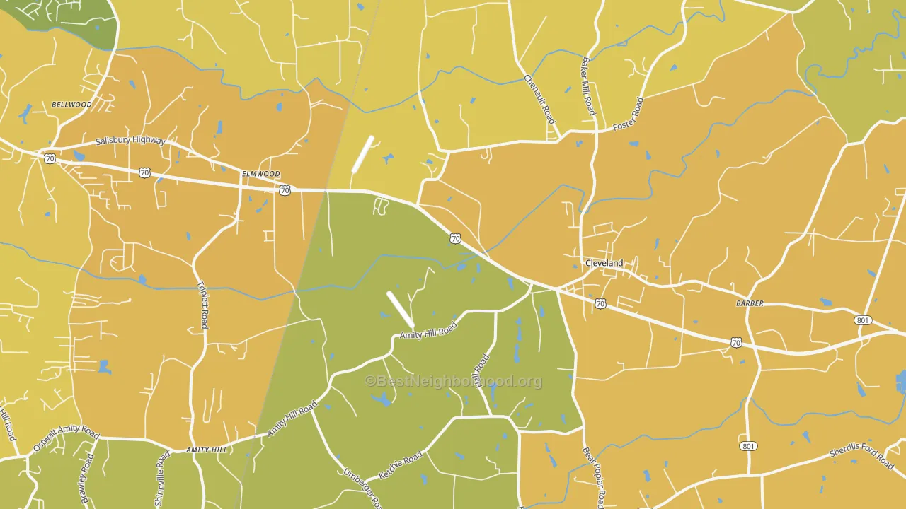 Map of the best neighborhoods in the Cleveland area, with better matches in green and worse matches in red