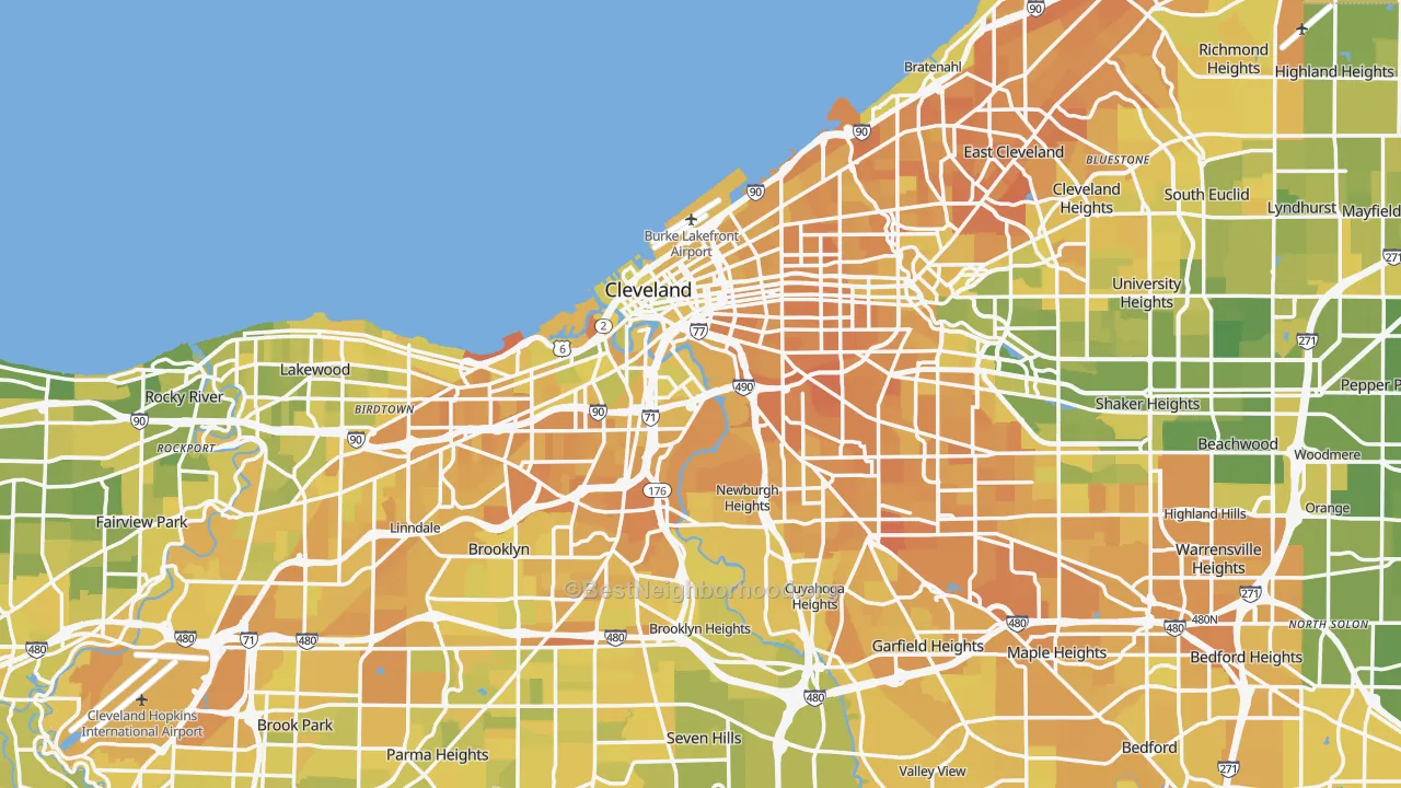 Map of the best neighborhoods in the Cleveland Metro area, with better matches in green and worse matches in red