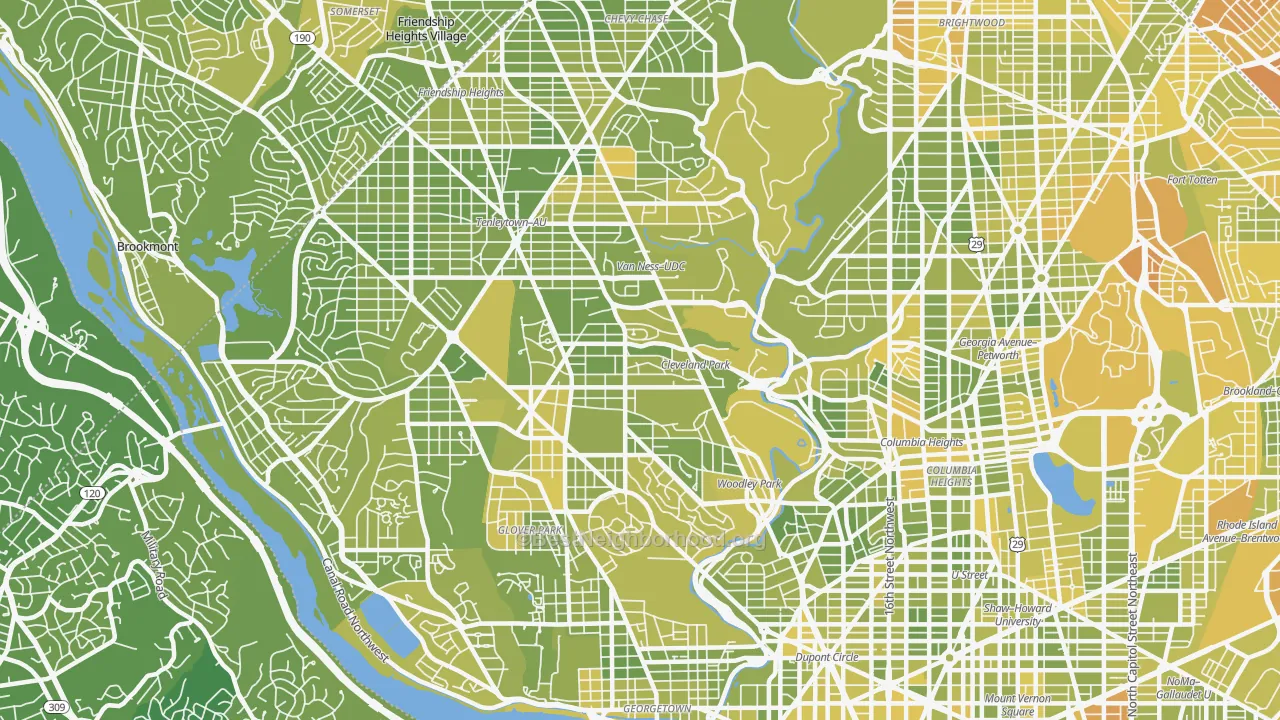 Map of the best neighborhoods in the Cleveland Park, Washington area, with better matches in green and worse matches in red