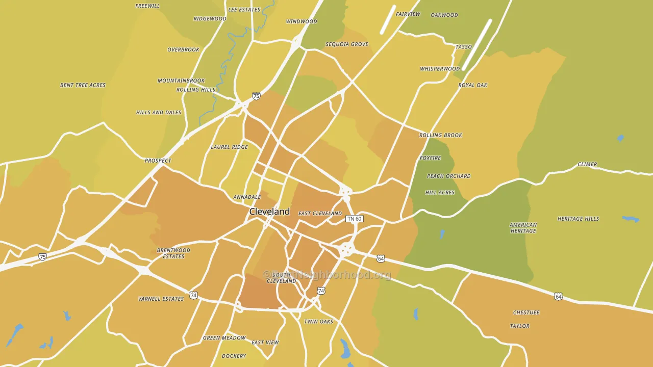 Map of the best neighborhoods in the Cleveland Metro area, with better matches in green and worse matches in red