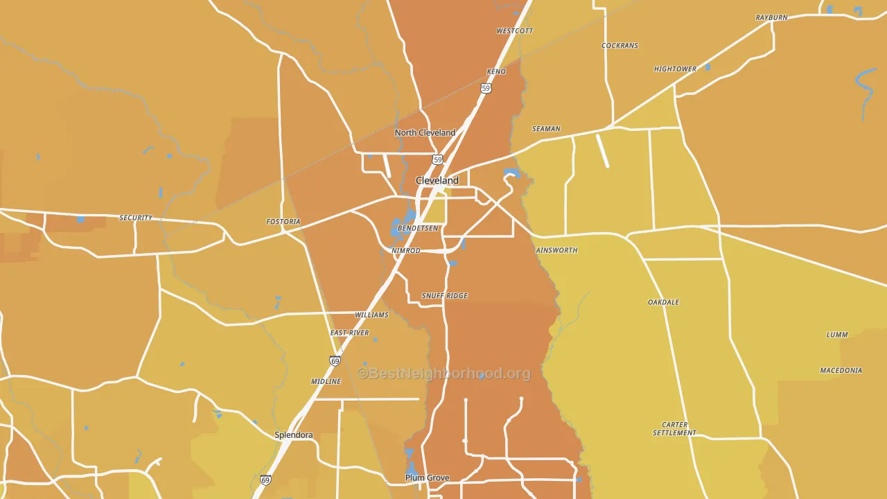 Map of the best neighborhoods in the Cleveland area, with better matches in green and worse matches in red