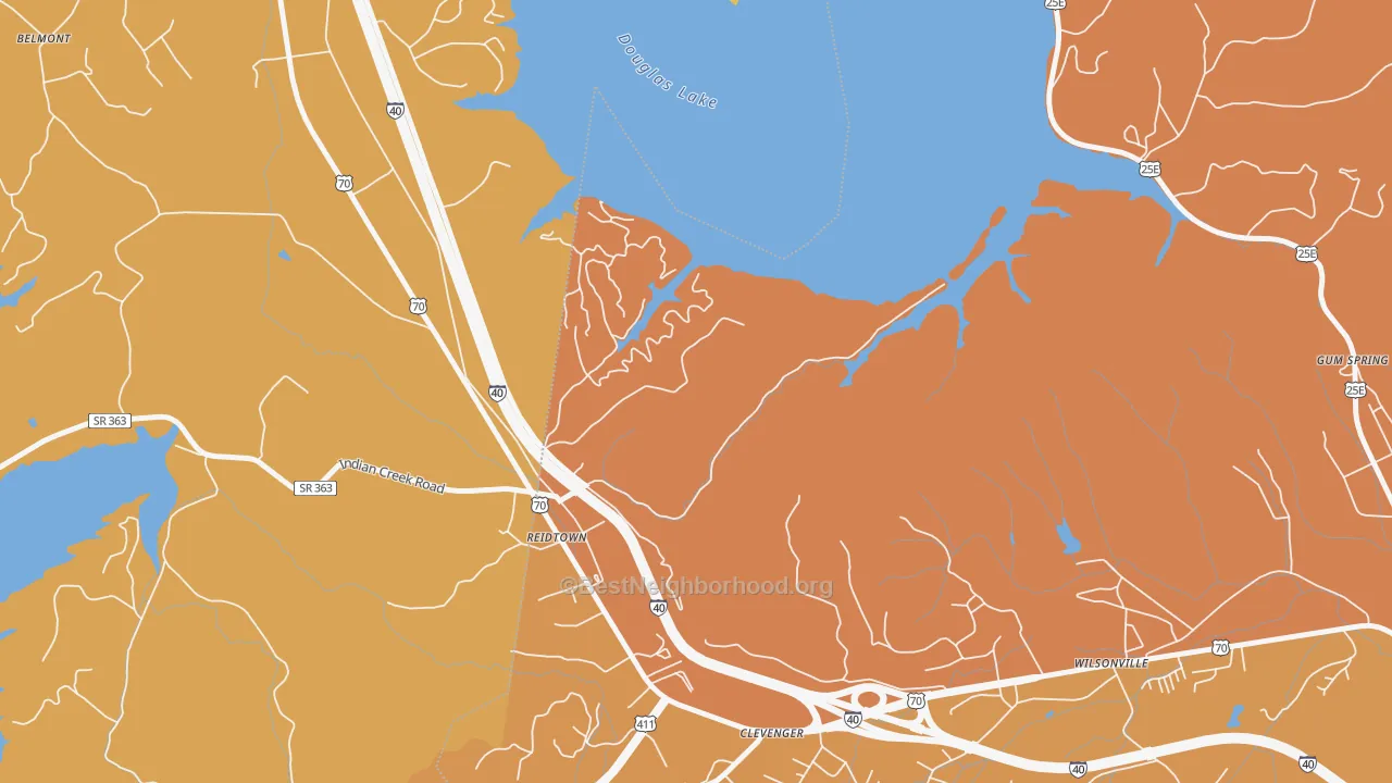 Map of the best neighborhoods in the Clevenger area, with better matches in green and worse matches in red
