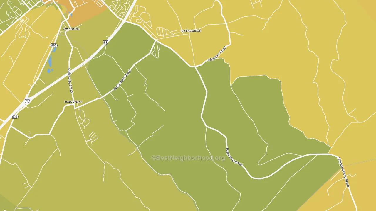 Map of the best neighborhoods in the Cleversburg area, with better matches in green and worse matches in red