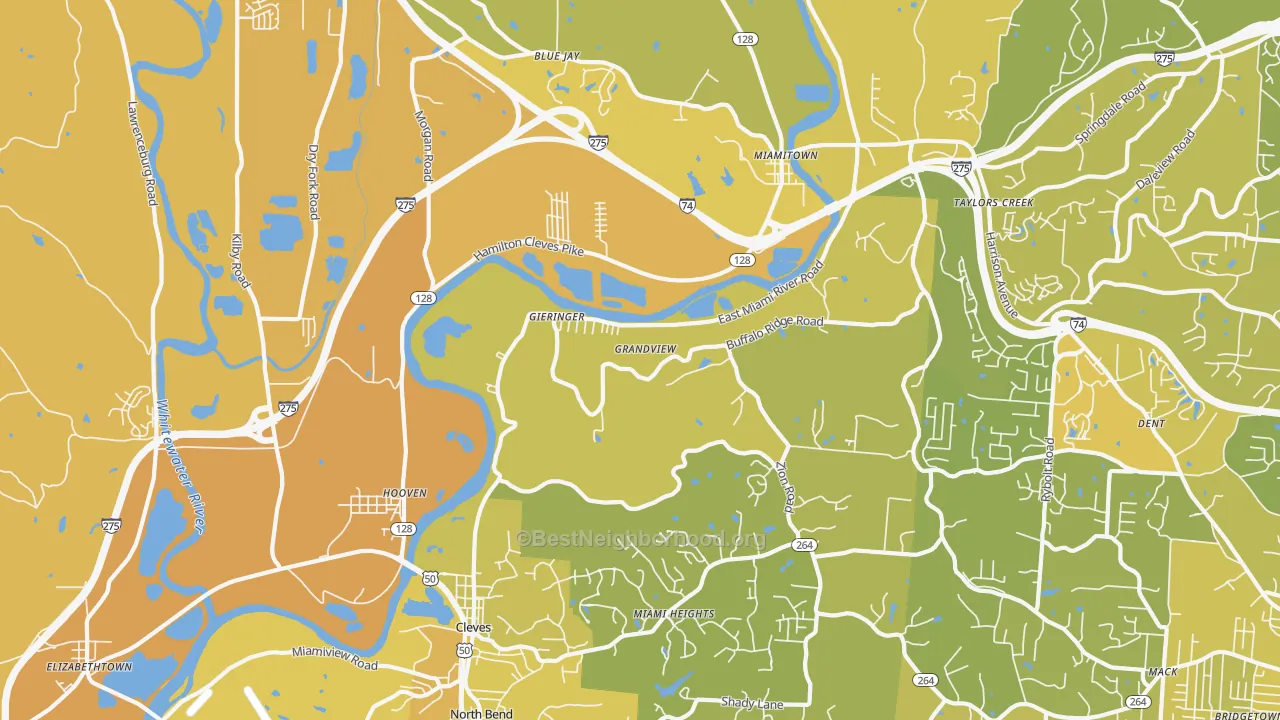 Map of the best neighborhoods in the Cleves area, with better matches in green and worse matches in red