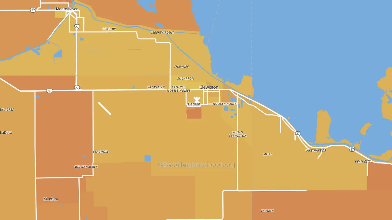 Map of the best neighborhoods in the Clewiston area, with better matches in green and worse matches in red