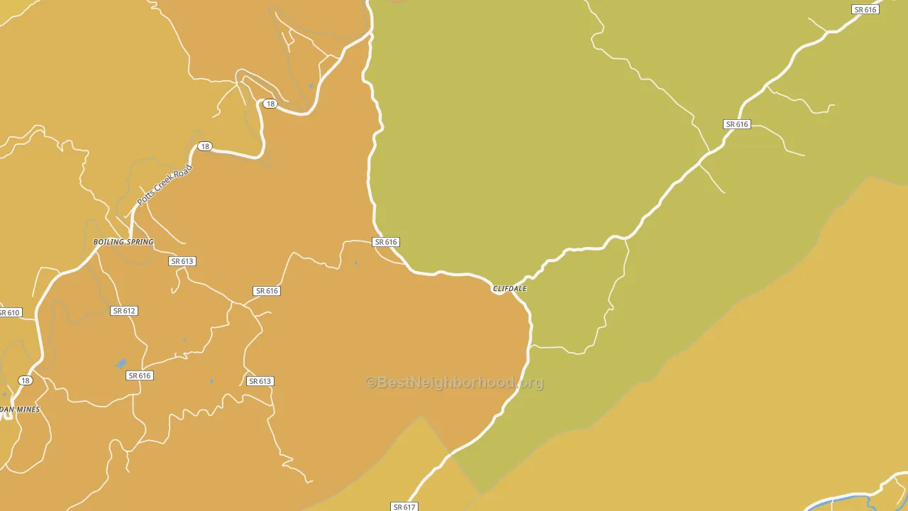 Map of the best neighborhoods in the Clifdale area, with better matches in green and worse matches in red