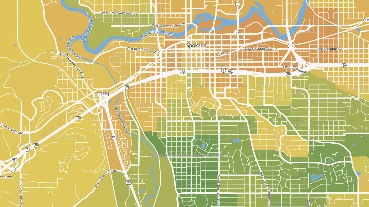 Map of the best neighborhoods in the Cliffcannon, Spokane area, with better matches in green and worse matches in red