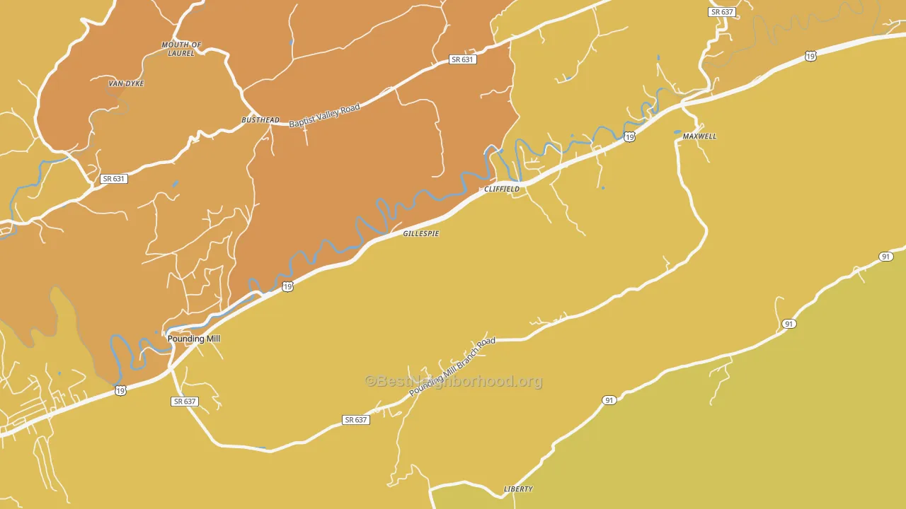 Map of the best neighborhoods in the Cliffield area, with better matches in green and worse matches in red