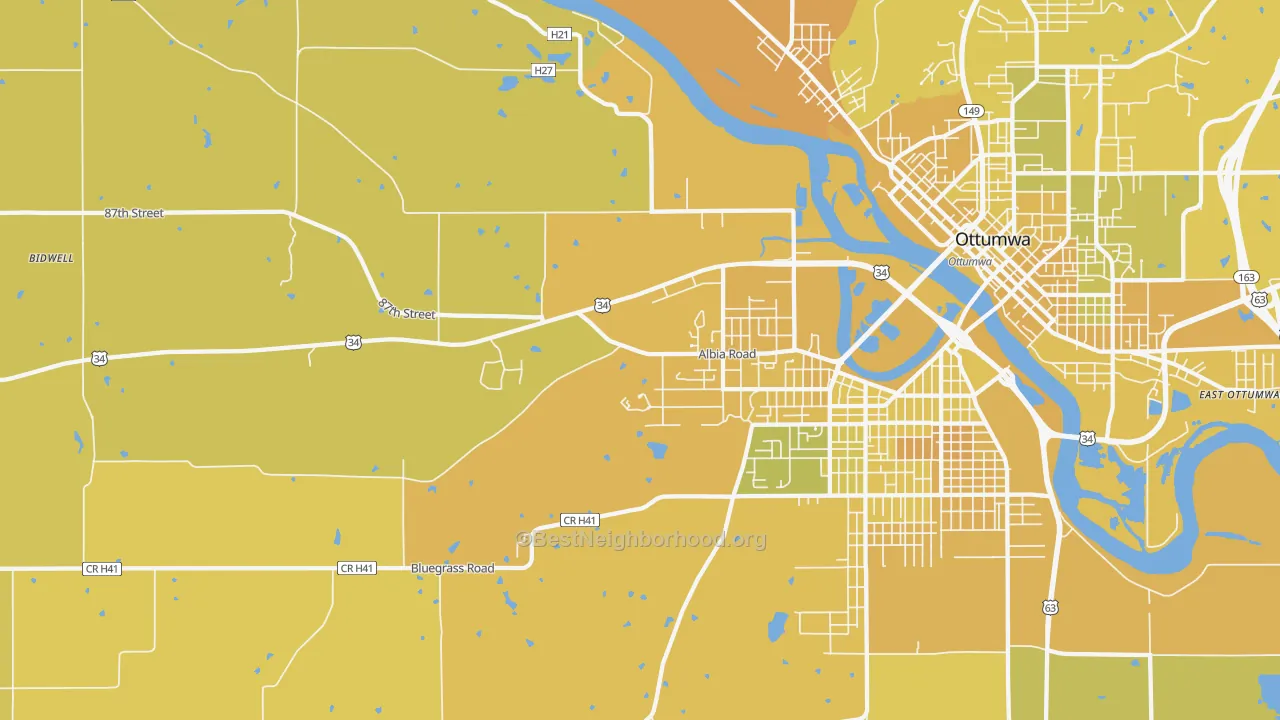 Map of the best neighborhoods in the Cliffland area, with better matches in green and worse matches in red