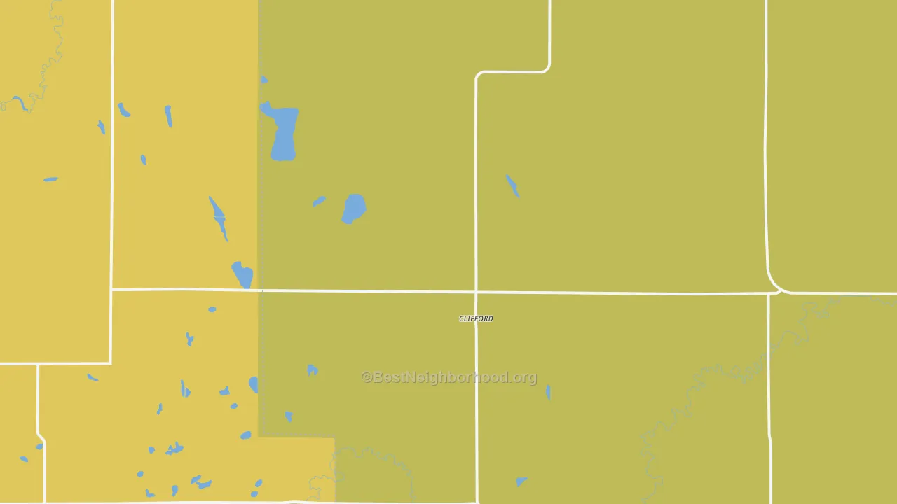 Map of the best neighborhoods in the Clifford area, with better matches in green and worse matches in red