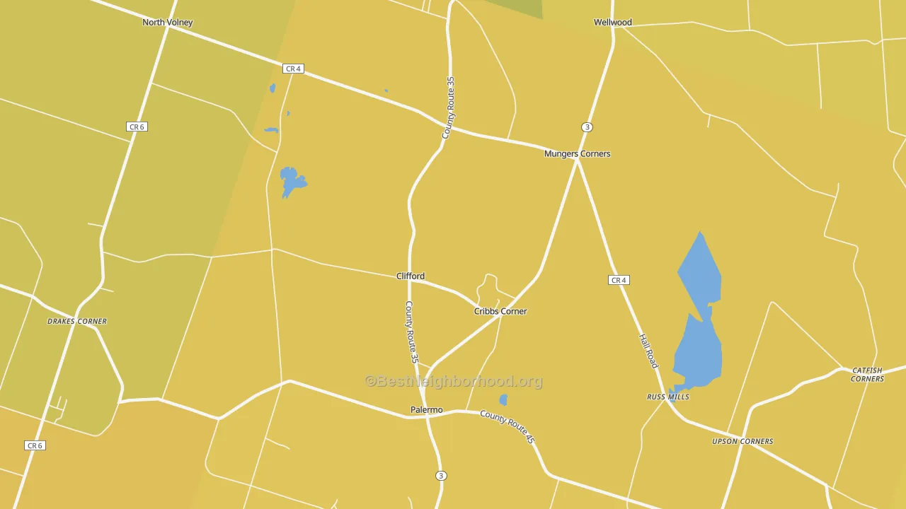 Map of the best neighborhoods in the Clifford area, with better matches in green and worse matches in red