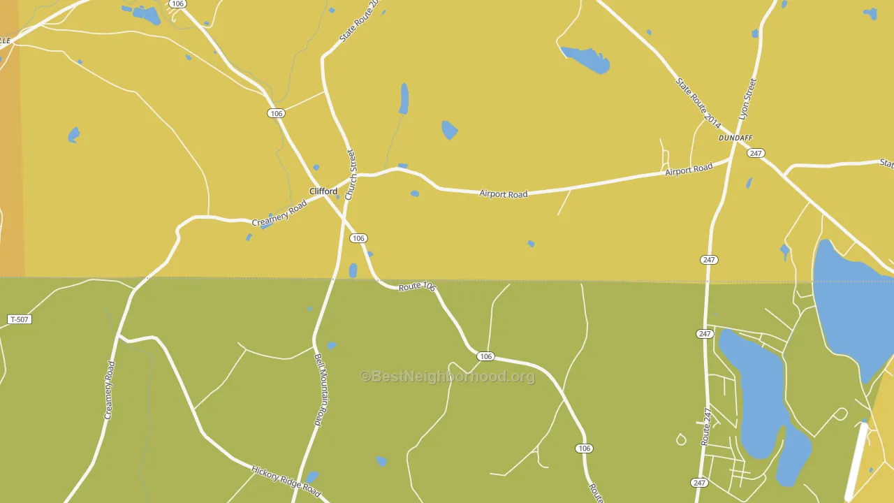 Map of the best neighborhoods in the Clifford area, with better matches in green and worse matches in red