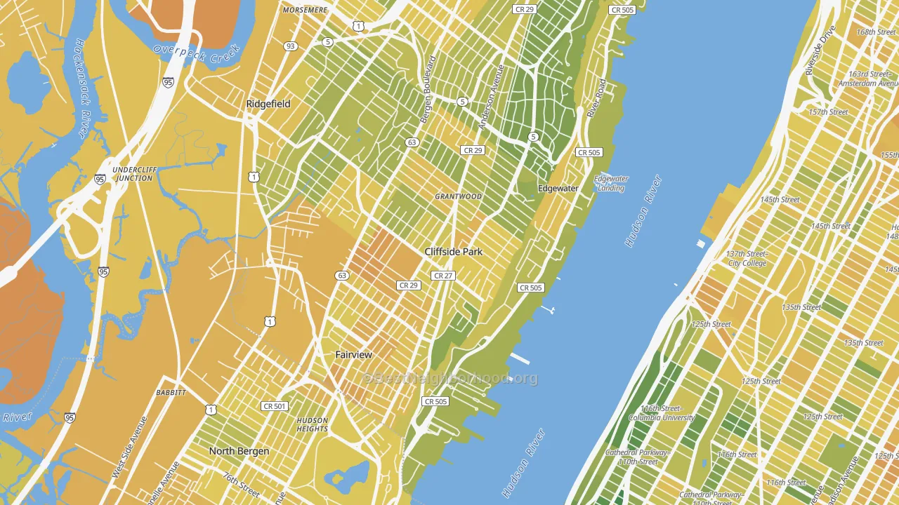 Map of the best neighborhoods in the Cliffside Park area, with better matches in green and worse matches in red