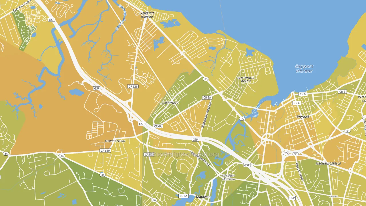 Map of the best neighborhoods in the Cliffwood area, with better matches in green and worse matches in red