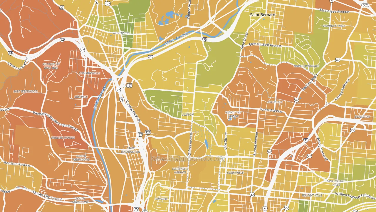 Map of the best neighborhoods in the Clifton, Cincinnati area, with better matches in green and worse matches in red