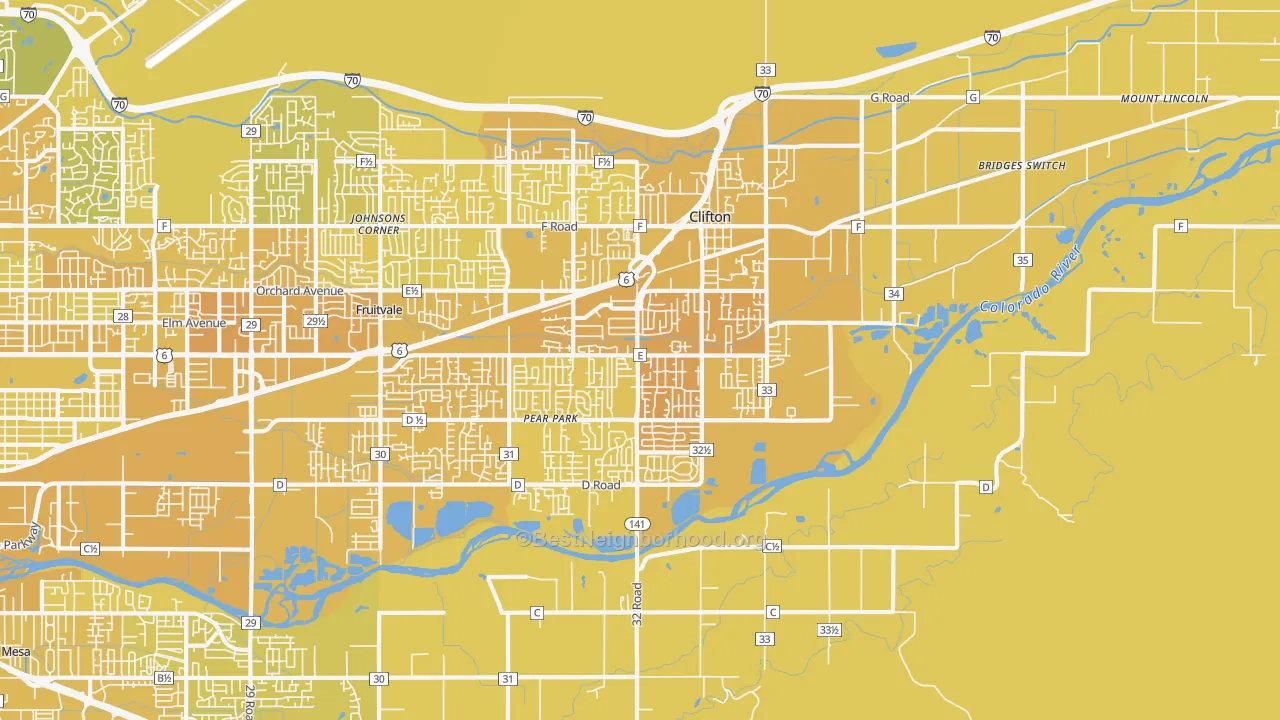 Map of the best neighborhoods in the Clifton area, with better matches in green and worse matches in red