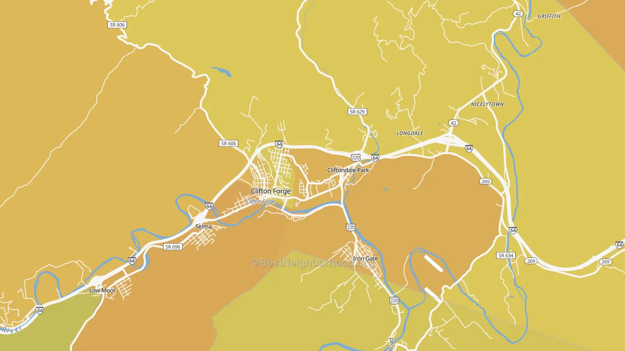 Map of the best neighborhoods in the Clifton Forge area, with better matches in green and worse matches in red