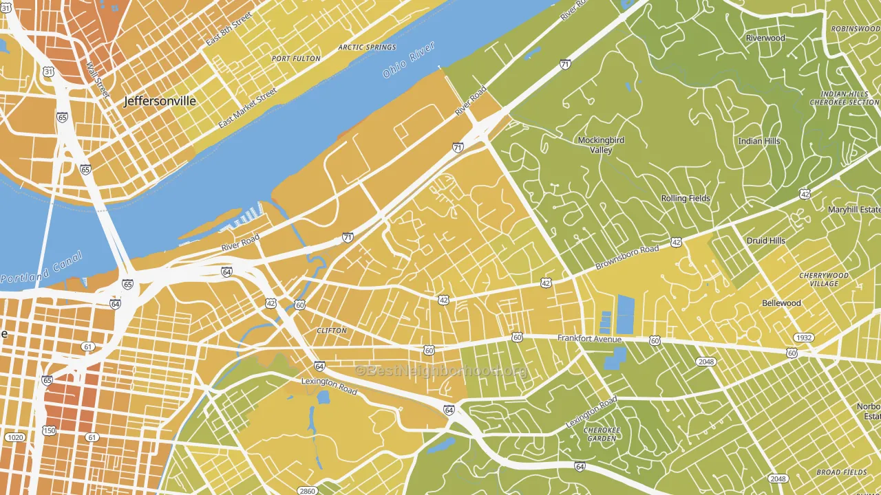 Map of the best neighborhoods in the Clifton Heights, Louisville area, with better matches in green and worse matches in red