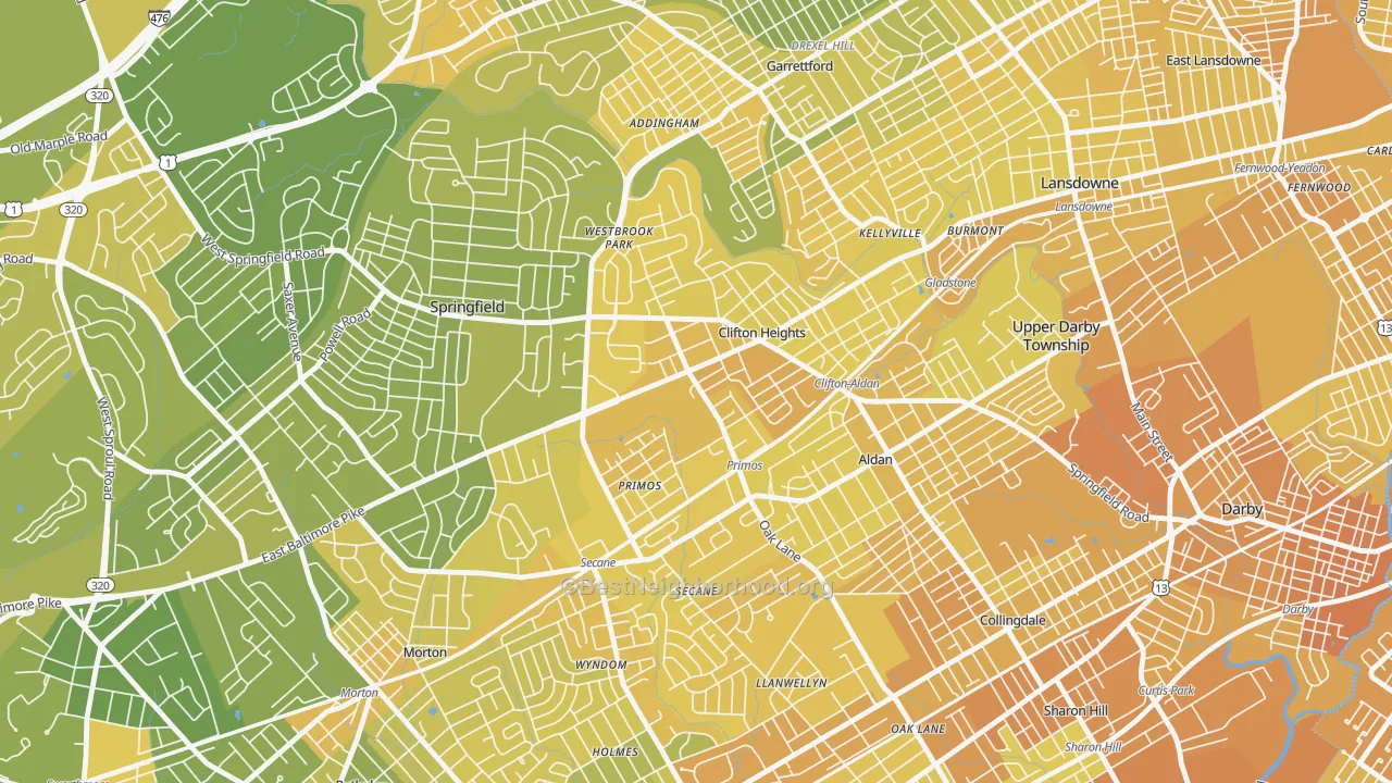 Map of the best neighborhoods in the Clifton Heights area, with better matches in green and worse matches in red