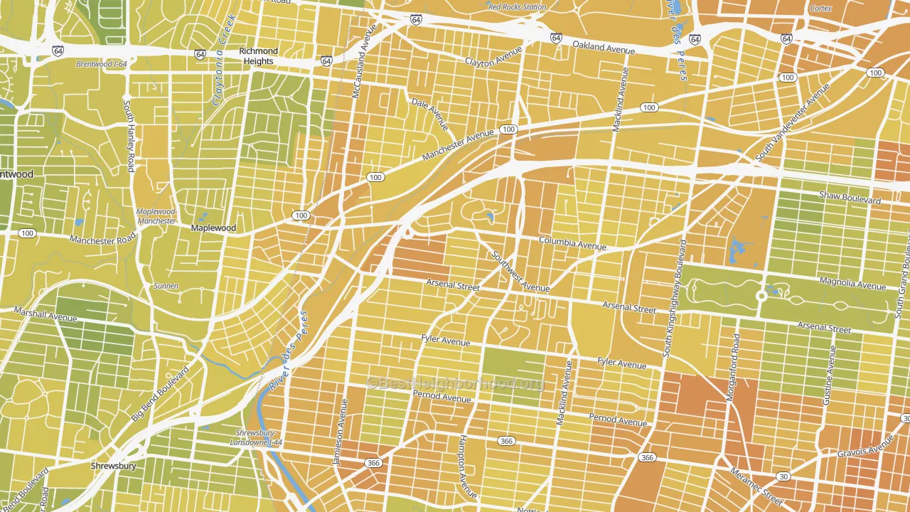 Map of the best neighborhoods in the Clifton Heights, St. Louis area, with better matches in green and worse matches in red