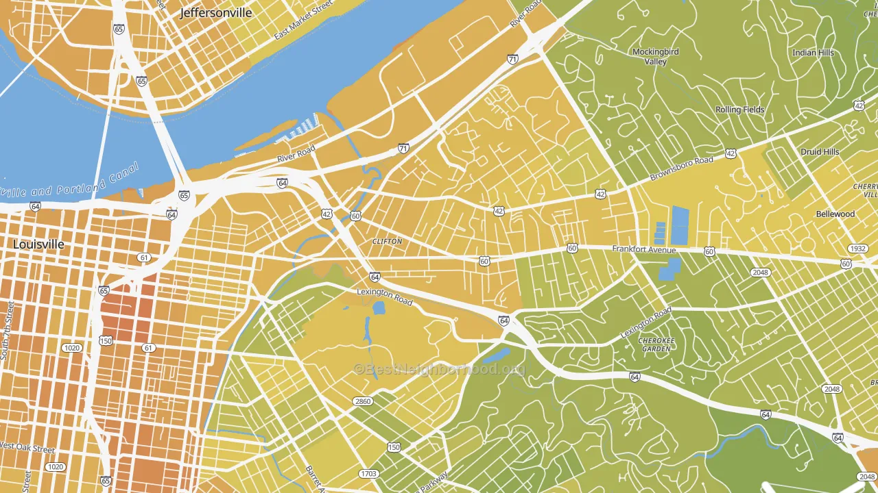 Map of the best neighborhoods in the Clifton, Louisville area, with better matches in green and worse matches in red