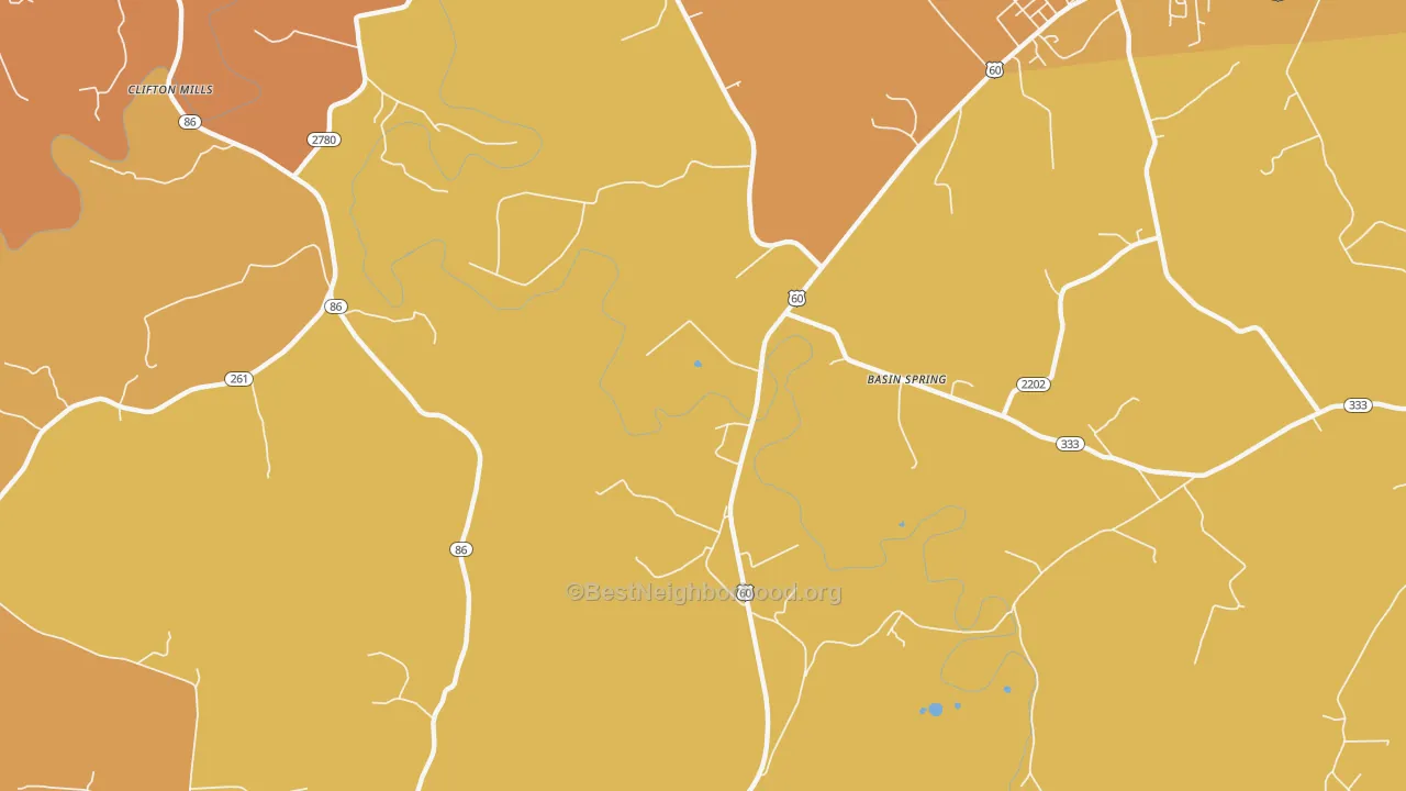 Map of the best neighborhoods in the Clifton Mills area, with better matches in green and worse matches in red