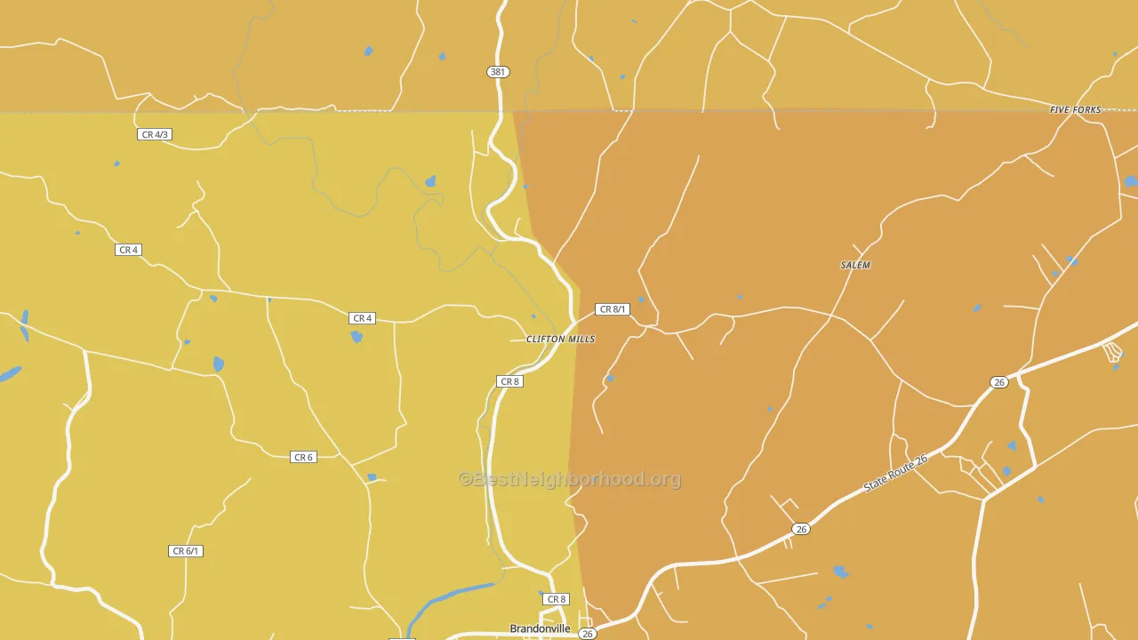 Map of the best neighborhoods in the Clifton Mills area, with better matches in green and worse matches in red