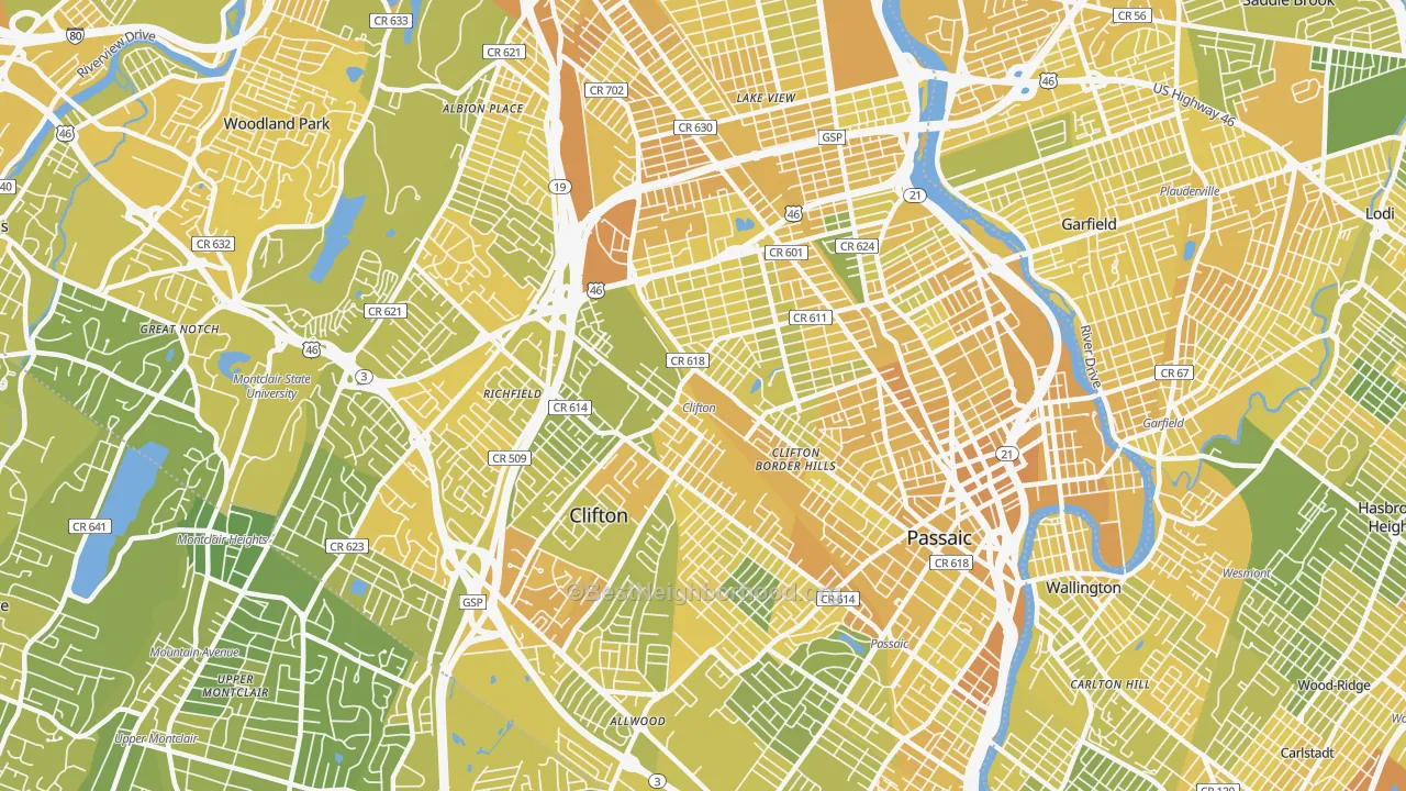 Map of the best neighborhoods in the Clifton area, with better matches in green and worse matches in red