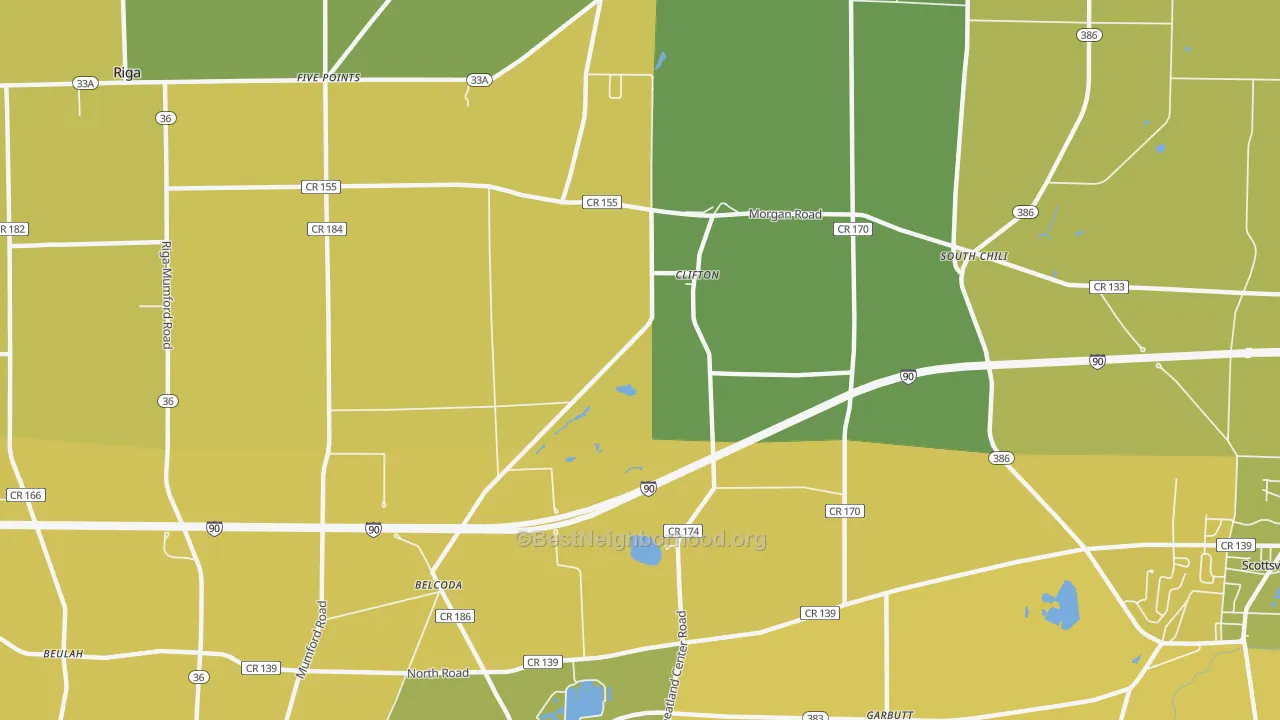 Map of the best neighborhoods in the Clifton area, with better matches in green and worse matches in red