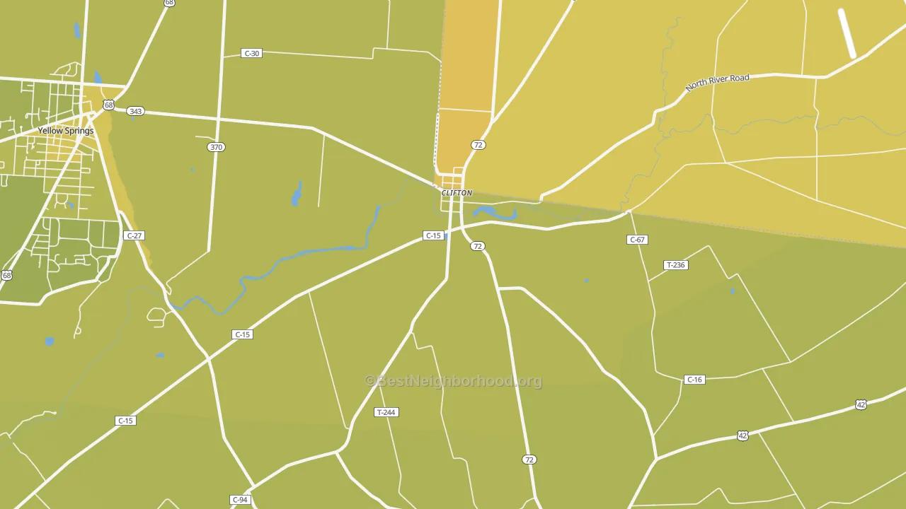 Map of the best neighborhoods in the Clifton area, with better matches in green and worse matches in red