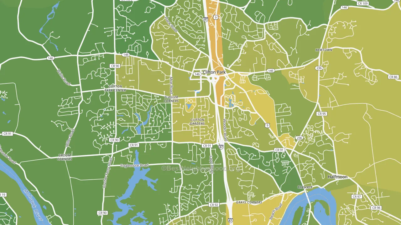 Map of the best neighborhoods in the Clifton Park area, with better matches in green and worse matches in red