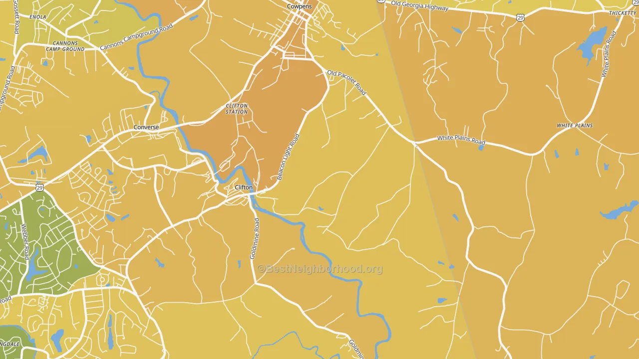 Map of the best neighborhoods in the Clifton area, with better matches in green and worse matches in red