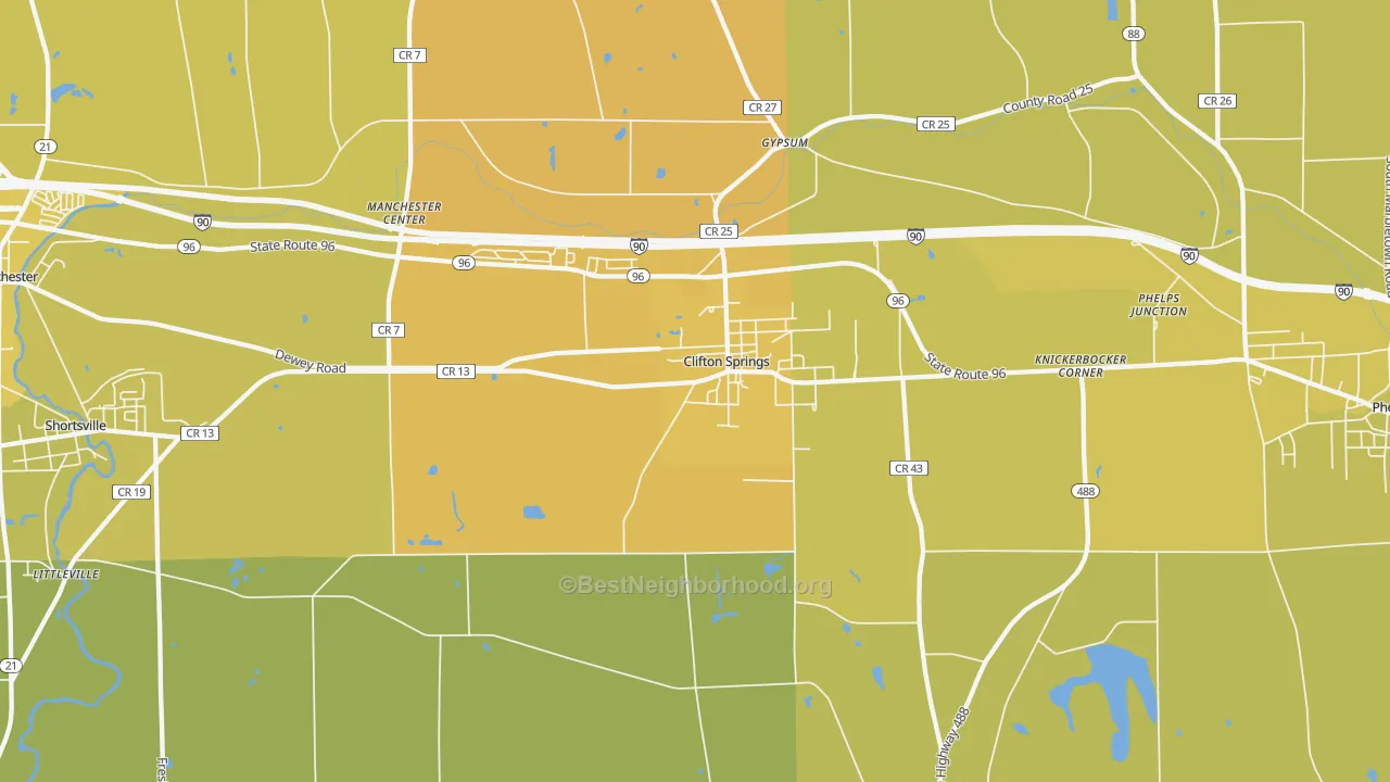 Map of the best neighborhoods in the Clifton Springs area, with better matches in green and worse matches in red