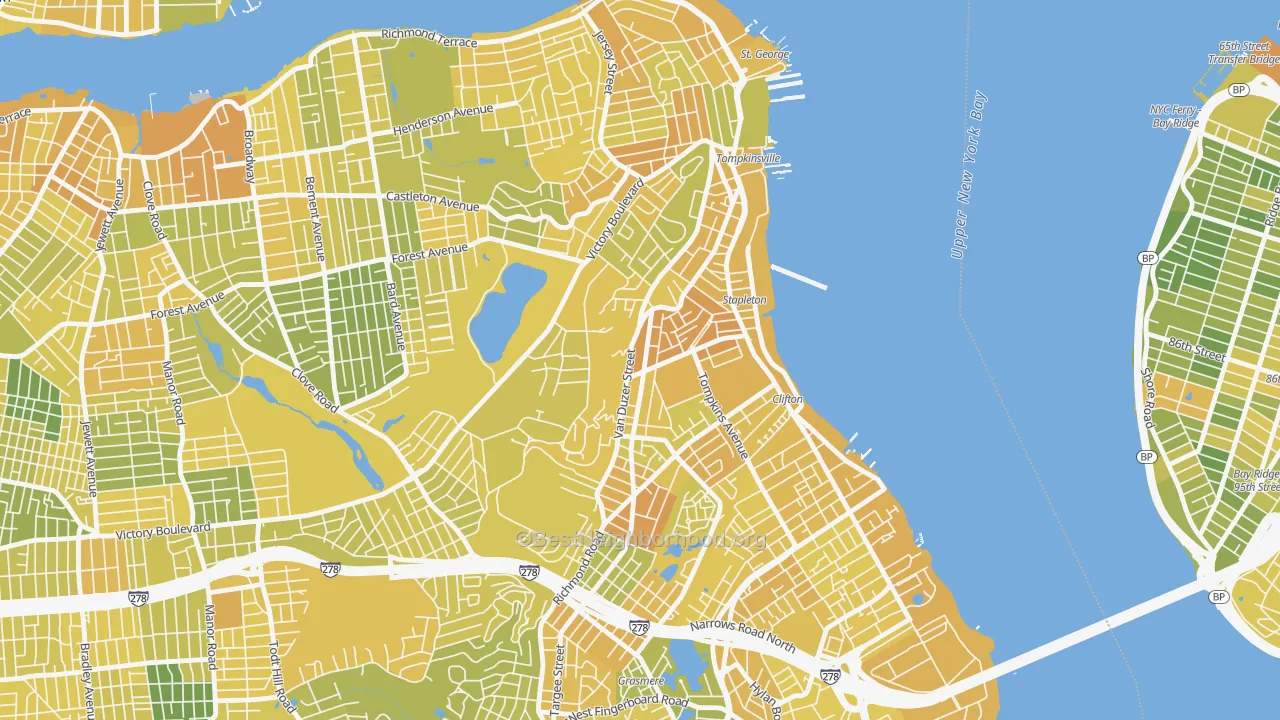 Map of the best neighborhoods in the Clifton, Staten Island area, with better matches in green and worse matches in red