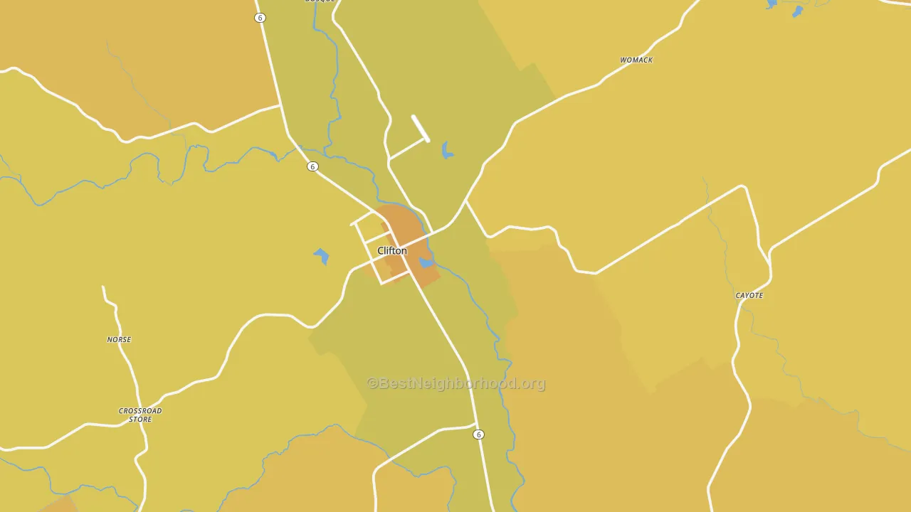 Map of the best neighborhoods in the Clifton area, with better matches in green and worse matches in red