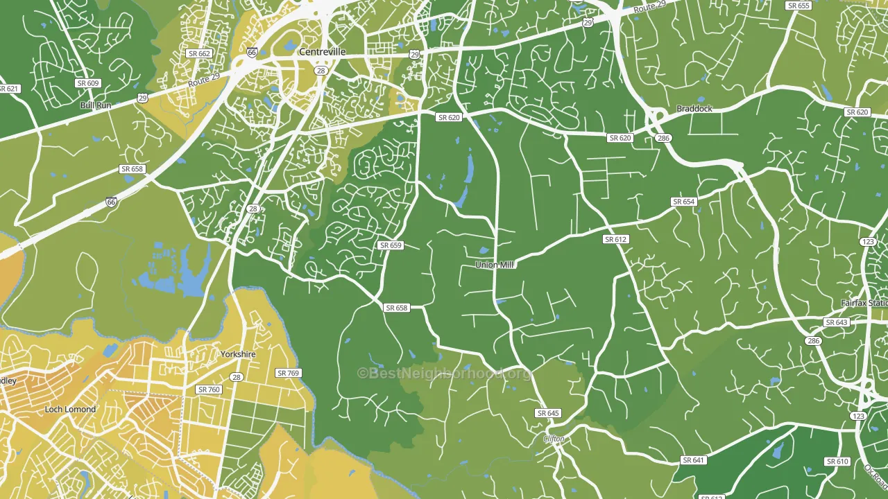 Map of the best neighborhoods in the Clifton area, with better matches in green and worse matches in red