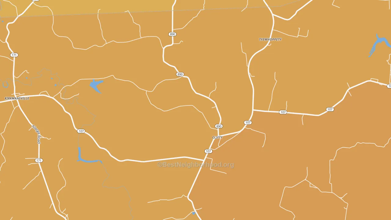 Map of the best neighborhoods in the Clifty area, with better matches in green and worse matches in red