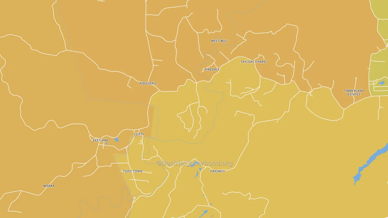 Map of the best neighborhoods in the Clifty area, with better matches in green and worse matches in red