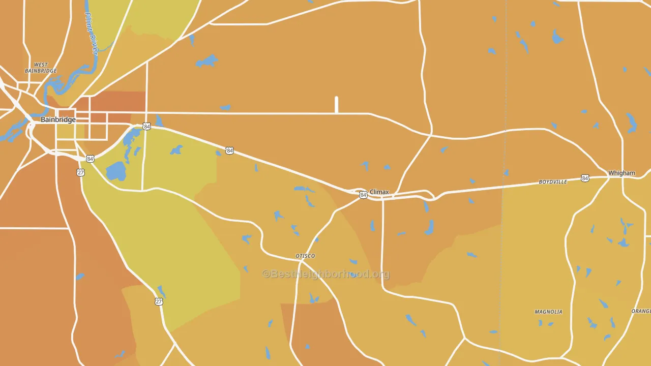 Map of the best neighborhoods in the Climax area, with better matches in green and worse matches in red